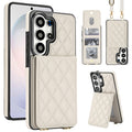 Off-white quilted leather wallet case for Samsung Galaxy featuring card slots multi-angle kickstand and gold-tone lanyard rings