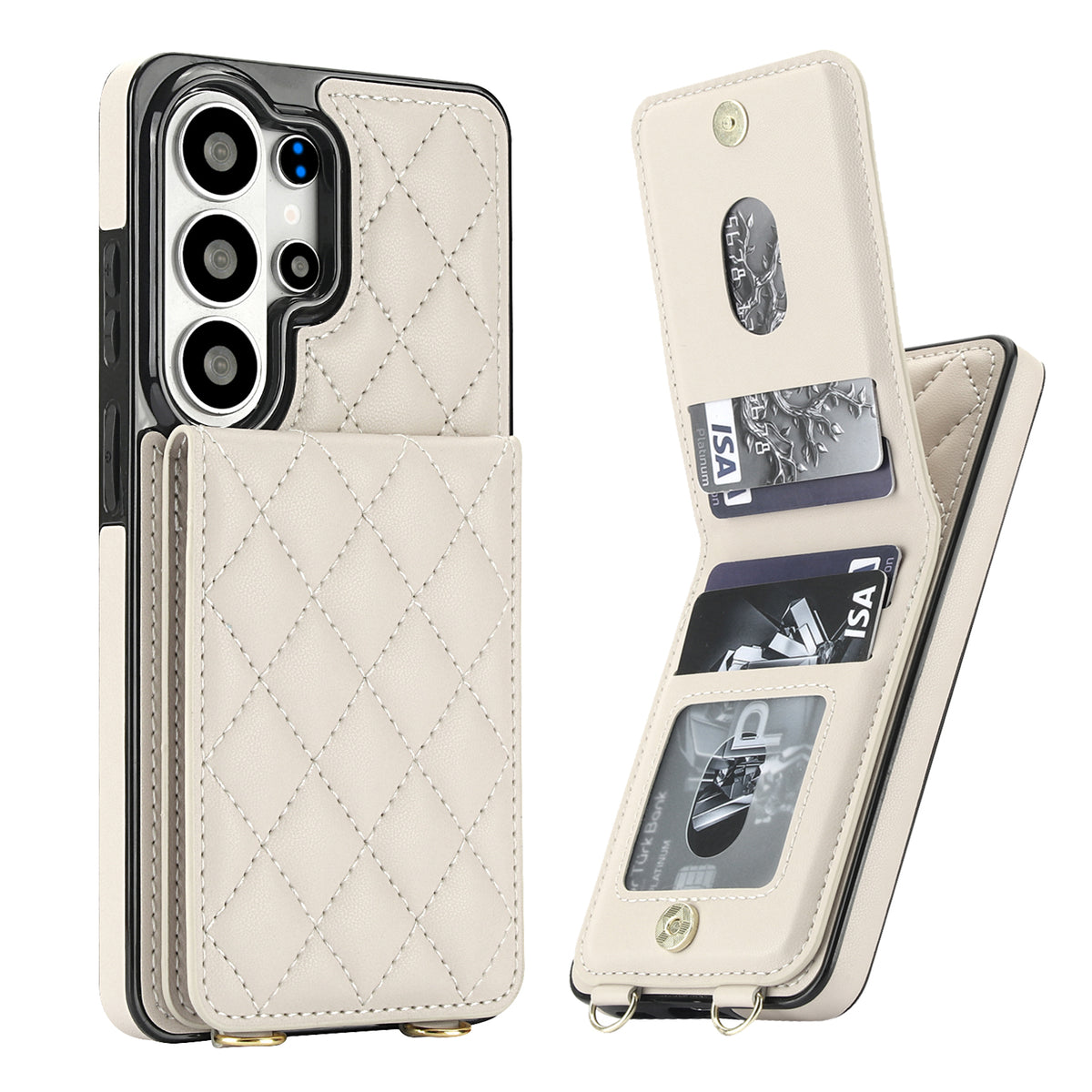 Off-white quilted leather wallet case for Samsung Galaxy with open snap card holder and ID window