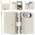 Off-white quilted leather wallet case for iPhone DUO shown from multiple angles highlighting open card slots, clear ID window, and front flap closure.