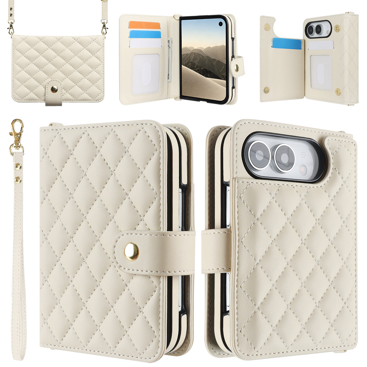Off-white quilted leather wallet case for iPhone DUO shown from multiple angles highlighting open card slots, clear ID window, and front flap closure.
