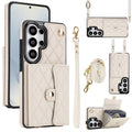 Off white cream quilted leather crossbody wallet phone case for Samsung Galaxy with gold hardware detachable strap and multi card organizer