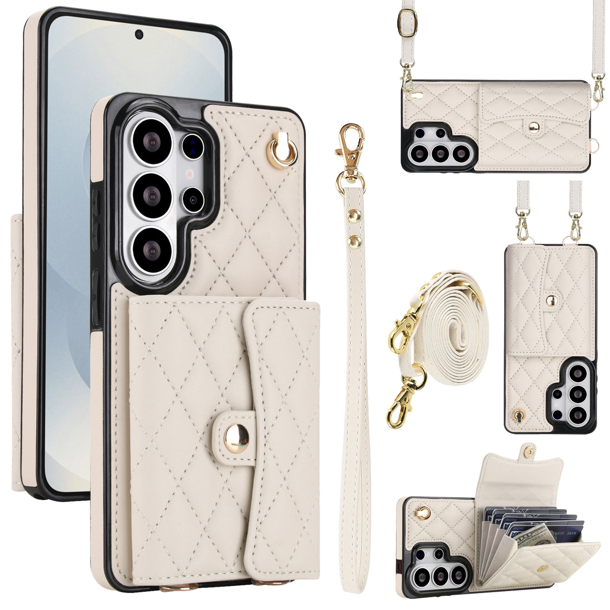 Off white cream quilted leather crossbody wallet phone case for Samsung Galaxy with gold hardware detachable strap and multi card organizer