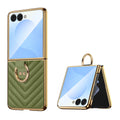 Olive green chevron leather protective case for Samsung Galaxy Z Flip featuring electroplated gold ring and folded screen view
