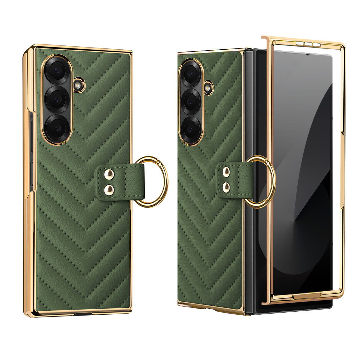 Olive green chevron leather ring case for Samsung Galaxy Z Fold with gold electroplated frame and front glass cover