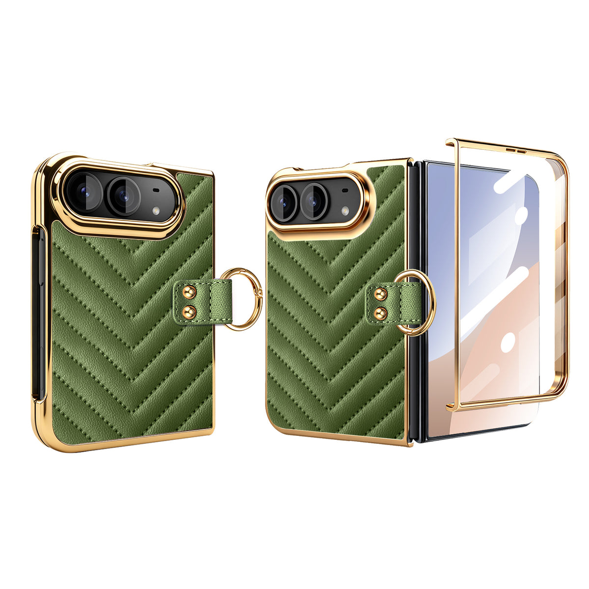 Olive green chevron quilted leather iPhone DUO case shown folded and open, featuring electroplated gold accent frame, finger ring holder, and integrated glass screen guard.