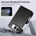 Onyx black crocodile texture iPhone DUO phone case demonstrating dual-axis shockproof hinge armor against drop impacts.