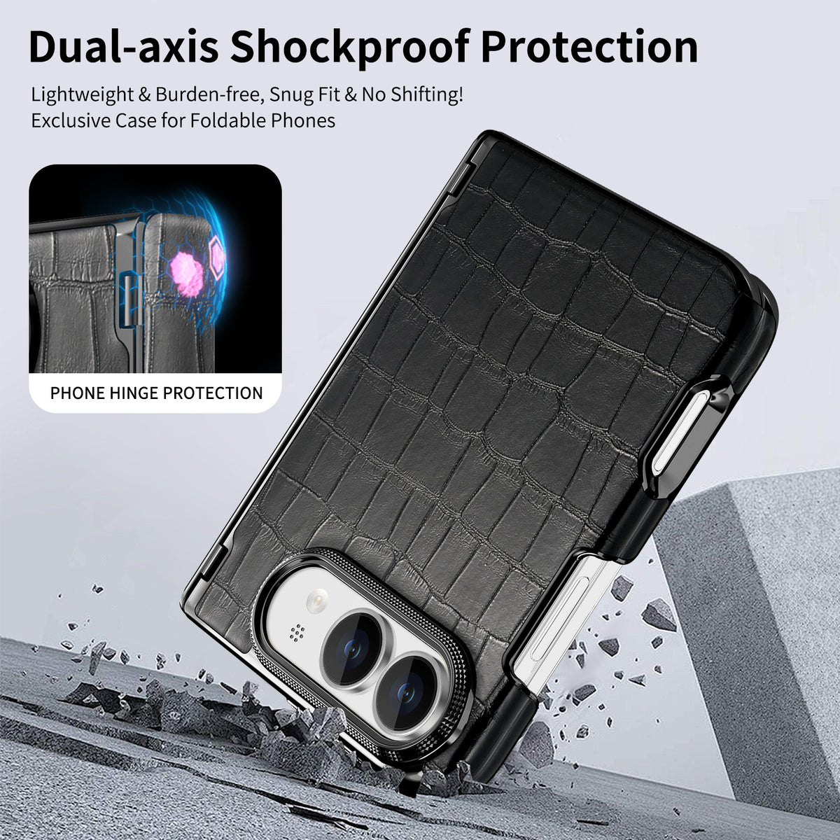 Onyx black crocodile texture iPhone DUO phone case demonstrating dual-axis shockproof hinge armor against drop impacts.