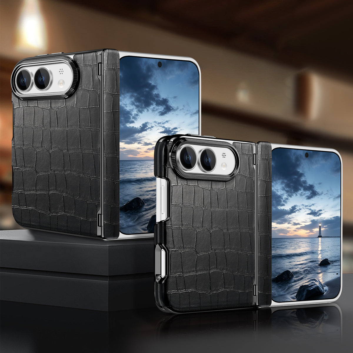 Onyx black luxury crocodile pattern phone case for iPhone DUO showing full hinge enclosure and camera bezel.