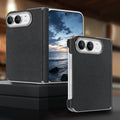 Onyx black premium vegan leather case for Apple iPhone DUO shown open and closed with dual-axis hinge protection.