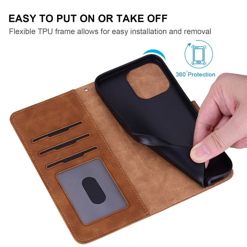 Open wallet phone case showing three card slots, ID window, and flexible black TPU phone holder.