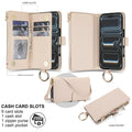 Open beige RFID wallet case showing 6 card slots, cash pocket, and zippered coin purse for iPhone 18