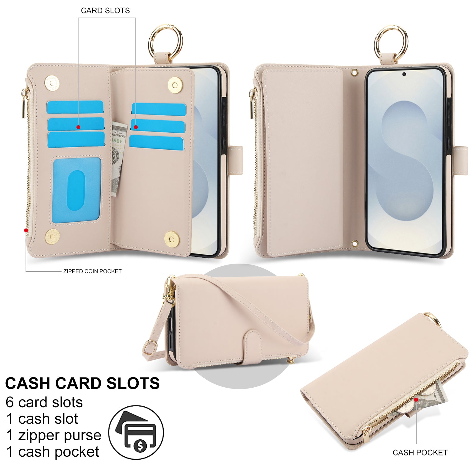 Open beige leather wallet case displaying 6 card slots, cash pocket, and zippered coin purse for Samsung Galaxy