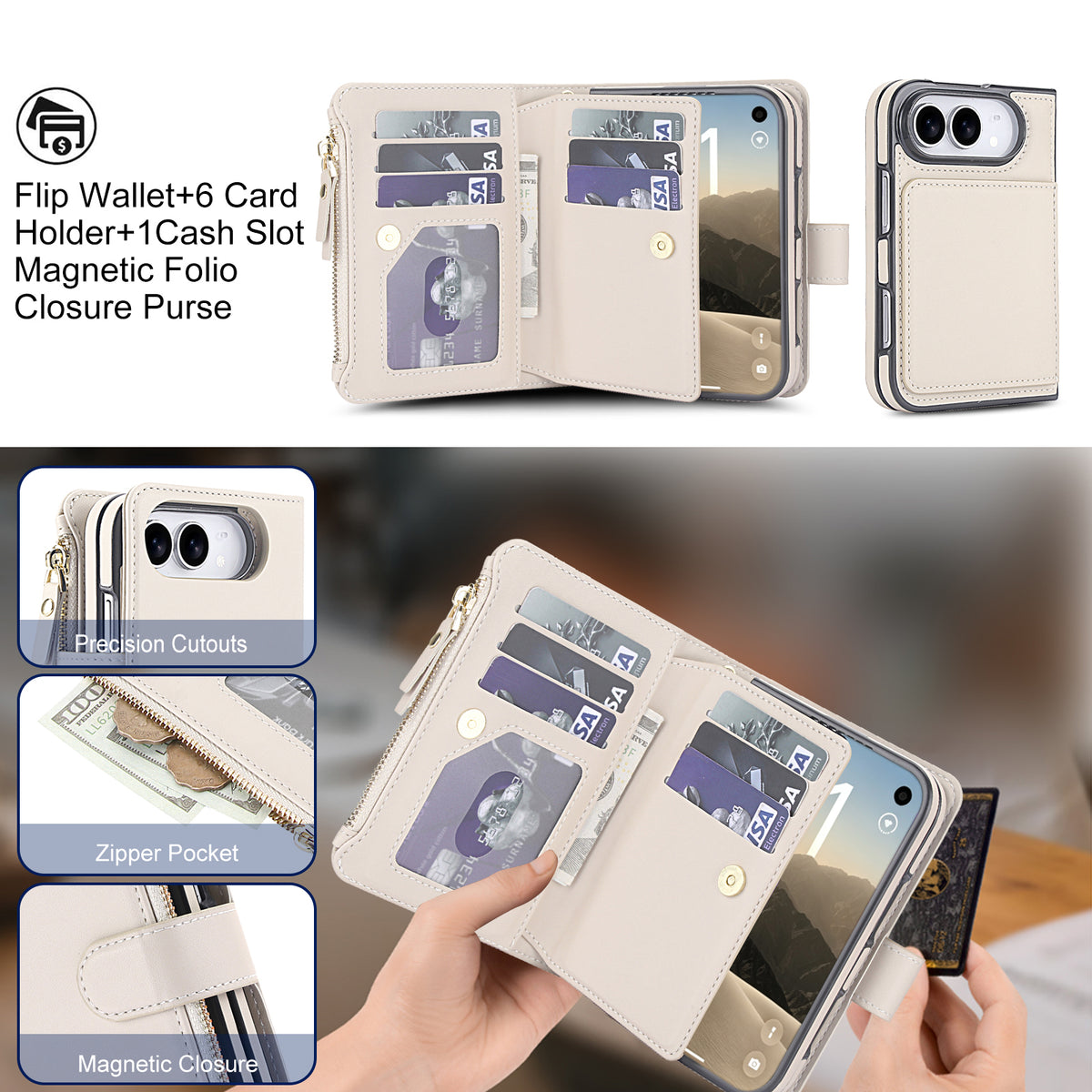 Open cream leather flip wallet case for iPhone DUO showcasing 6 card slots, 1 cash bill slot, magnetic folio closure, and precision camera cutout.