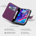 Open dark purple leather folio case for iPhone Duo highlighting 2 card slots design and 1 separate cash compartment