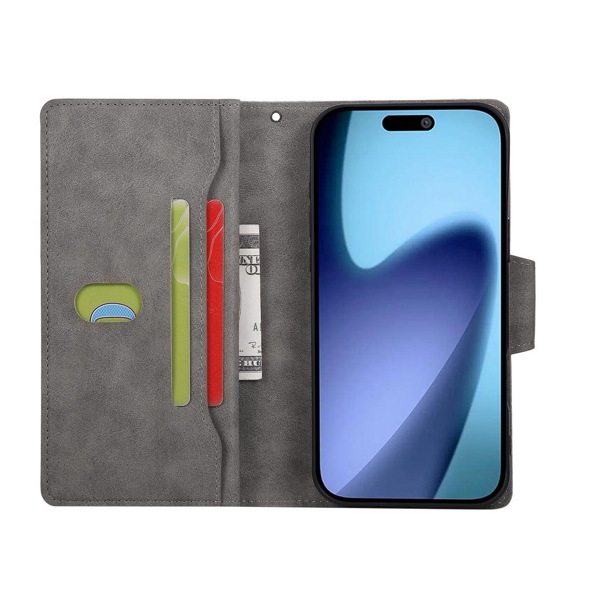 ⁠Open grey vintage leather phone case showing double card holder slots and cash sleeve