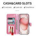 Open hot pink glitter phone wallet folio showing 3 card slots, 1 cash compartment, built-in small makeup mirror, and protective inner phone cover.