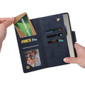 Open interior of navy blue leather wallet case held by hands, showing credit card slots, cash compartment, and photo window.