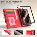 Open red leather Z Fold 8 wallet case displaying screen hinge protection frame, RFID anti-scan blocking layer, and zipper storage pocket.