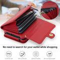 Open red leather accordion card holder attached to Samsung Galaxy Z Flip showing multiple card storage slots.