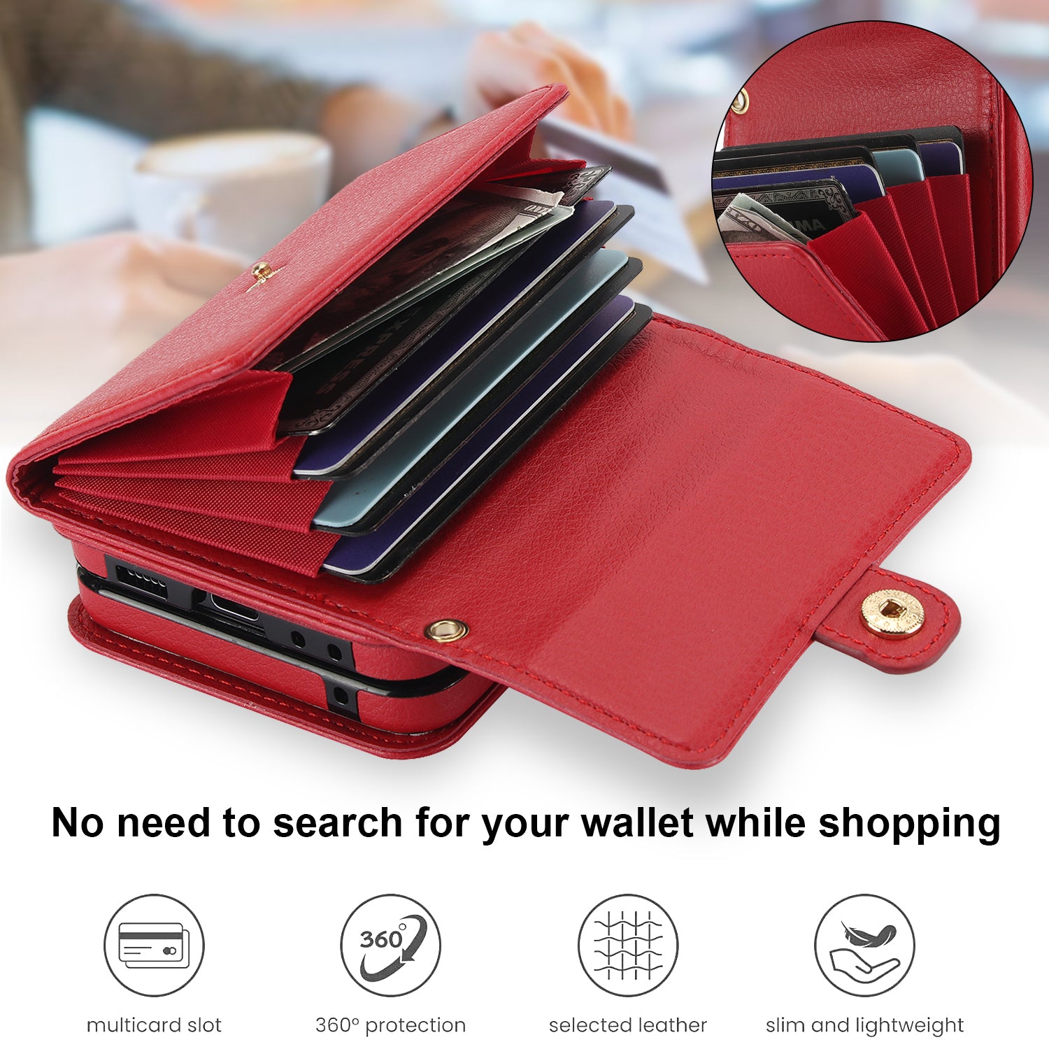 Open red leather accordion card holder attached to Samsung Galaxy Z Flip showing multiple card storage slots.