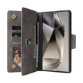 Open view of grey leather wallet case showing internal card slots, cash compartment, photo frame, and magnetic closure.