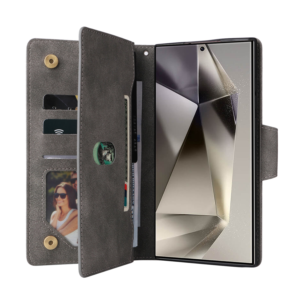 Open view of grey leather wallet case showing internal card slots, cash compartment, photo frame, and magnetic closure.