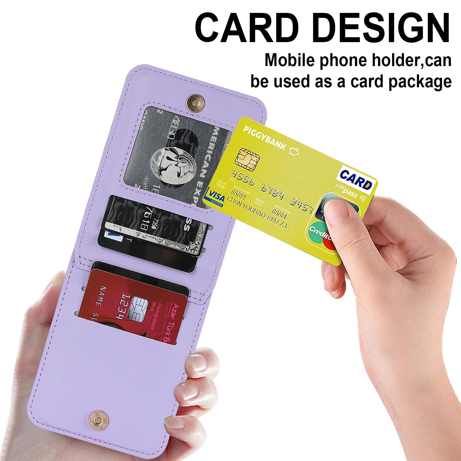 Open view of leather wallet case for Samsung Z Flip showing multi card holder slots and secure metal snap button.