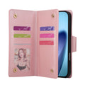 ⁠Open view of pink leather wallet phone case displaying card slots cash pocket and ID window