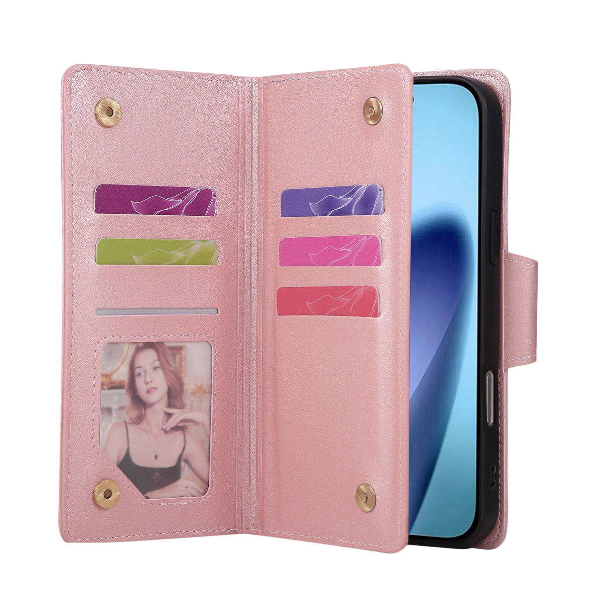 ⁠Open view of pink leather wallet phone case displaying card slots cash pocket and ID window