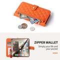 Orange iPhone DUO leather wallet case showing open cash compartment with card slots and coins