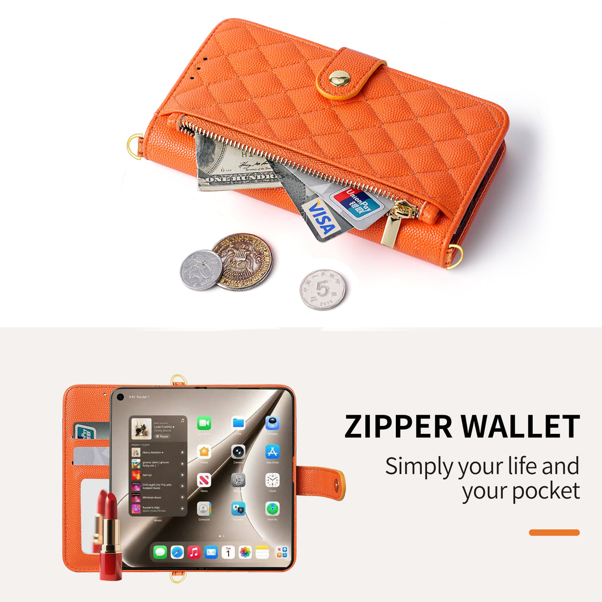 Orange iPhone DUO leather wallet case showing open cash compartment with card slots and coins