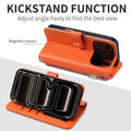 Orange leather phone wallet case folded into a hands-free kickstand position, highlighting the adjustable viewing angle and magnetic snap closure.