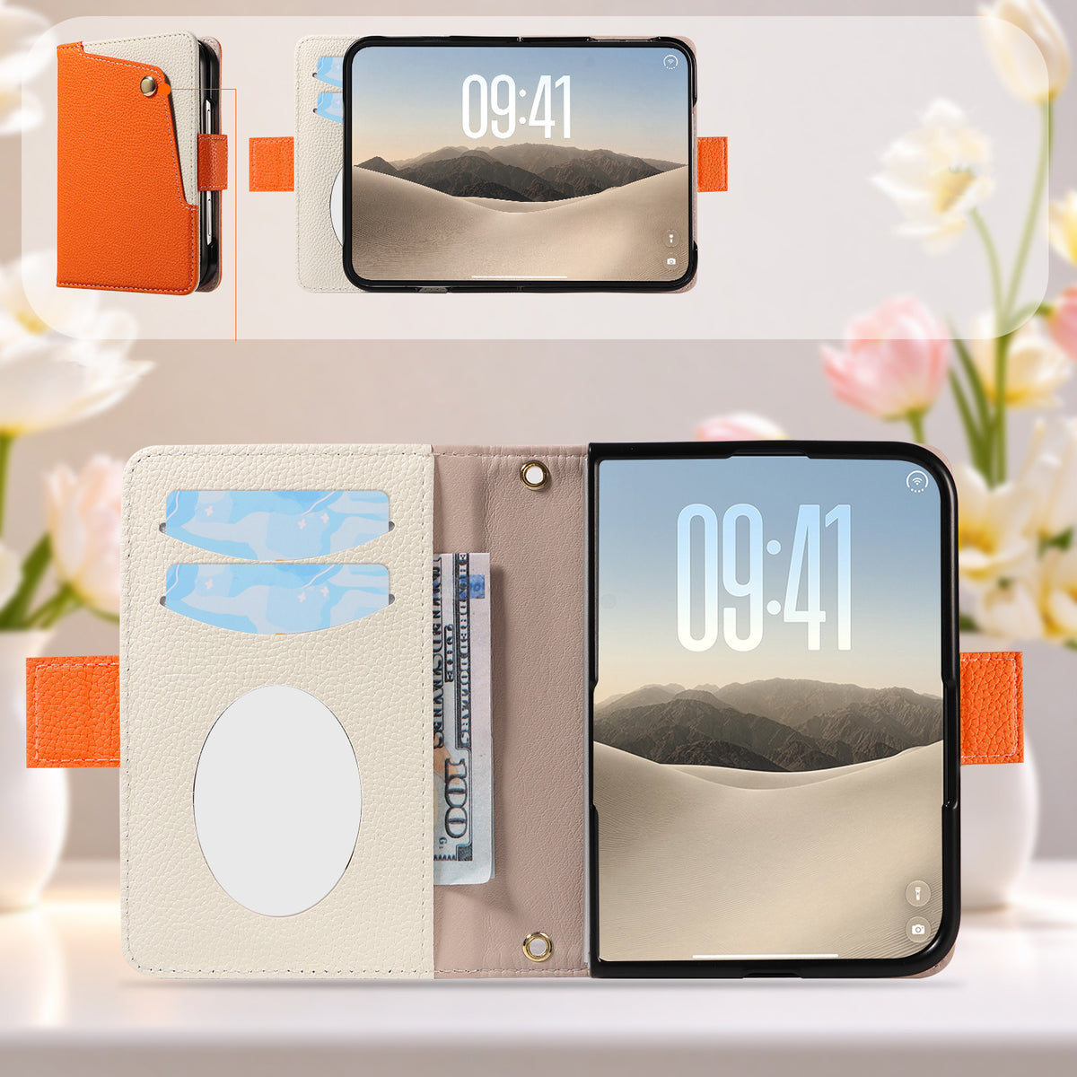 Orange dual-tone leather wallet cover for iPhone DUO displaying open folio layout with interior card slots, clear ID window, and cash bill compartment.