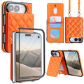 Orange quilted leather crossbody wallet case for iPhone DUO showcasing multi-angle views including front screen protector, open card slots flap, lanyard, and kickstand.