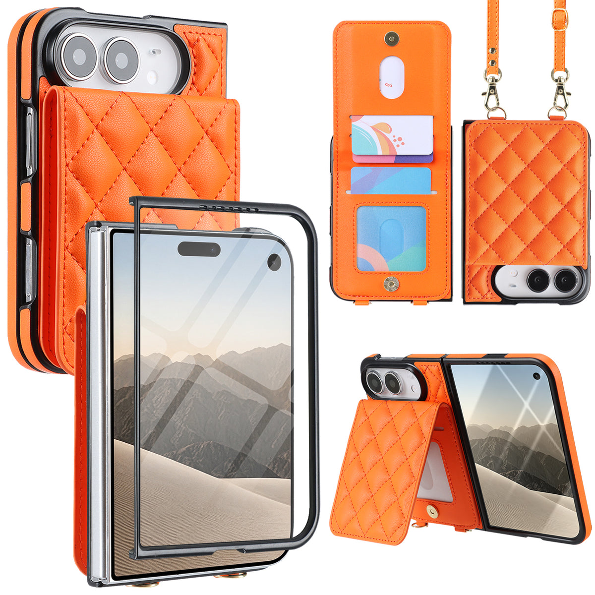 Orange quilted leather crossbody wallet case for iPhone DUO showcasing multi-angle views including front screen protector, open card slots flap, lanyard, and kickstand.