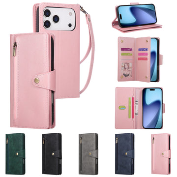 Overview of iPhone 17 Pro Max leather case in pink green black grey and navy