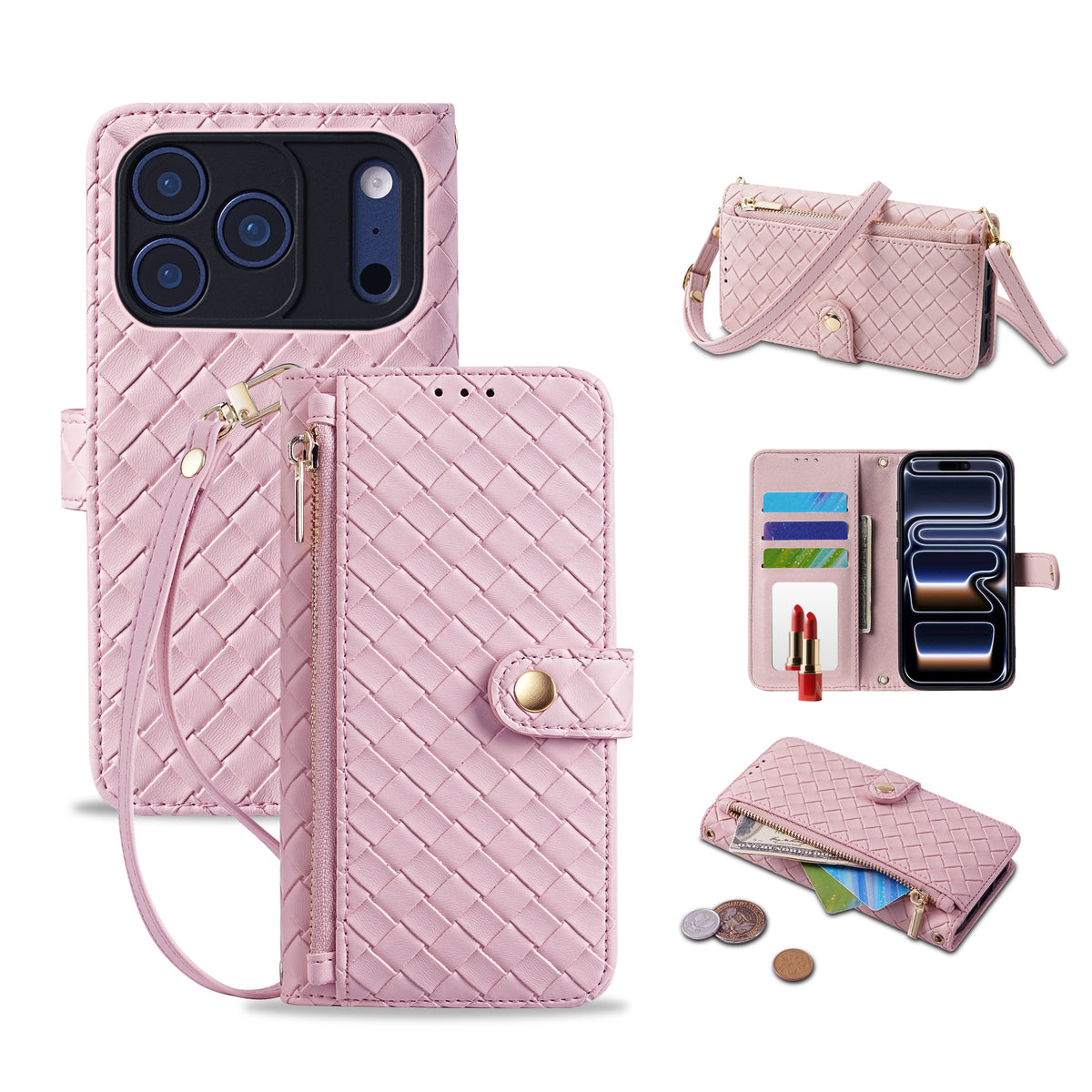 Pastel Pink woven leather iPhone wallet case featuring wrist lanyard, card slots, vanity mirror, and zipper cash compartment.