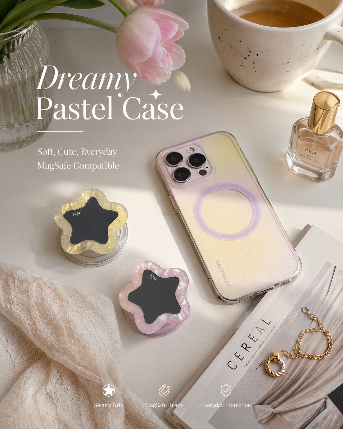 Pastel flower star mirror phone grip in pink and yellow displayed in aesthetic desk flatlay with MagSafe iPhone case, tulips, and coffee — cute Y2K phone accessory



