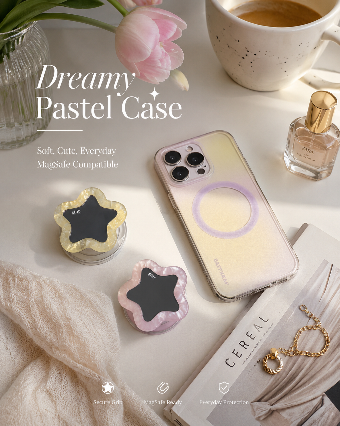 Pastel flower star mirror phone grip in pink and yellow displayed in aesthetic desk flatlay with MagSafe iPhone case, tulips, and coffee — cute Y2K phone accessory



