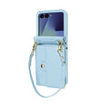 Pastel baby blue leather crossbody wallet phone cover with gold hardware for Samsung Galaxy Z Flip.