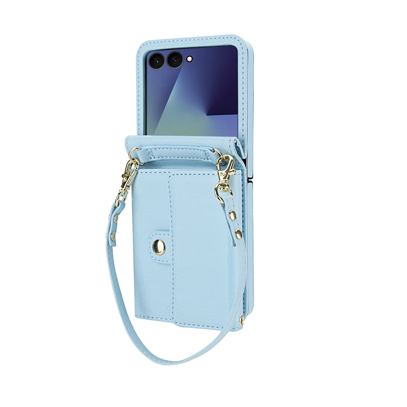 Pastel baby blue leather crossbody wallet phone cover with gold hardware for Samsung Galaxy Z Flip.