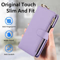 Pastel lavender leather phone wallet case showcasing waterproof, anti-fingerprint, and anti-scratch material