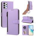 Pastel light purple leather wallet case for Samsung Galaxy A73 A72 A71 displayed from 5 angles including camera lens cutout, wristlet strap carry, horizontal kickstand mode, and interior wallet layout with 4 card slots, cash pocket, and photo window.