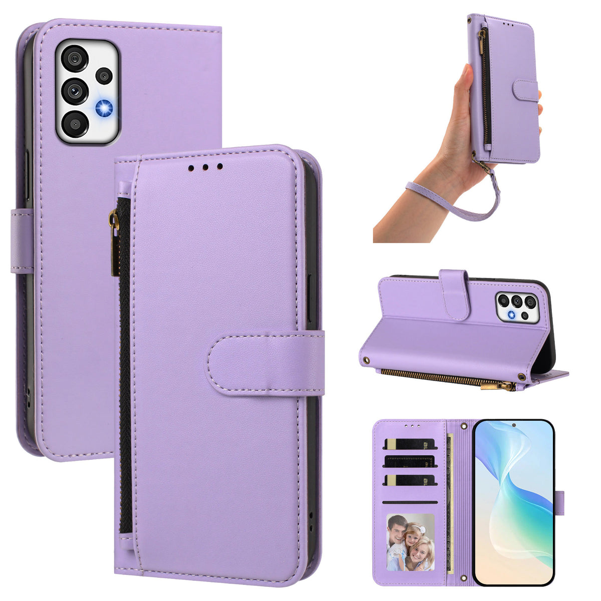 Pastel light purple leather wallet case for Samsung Galaxy A73 A72 A71 displayed from 5 angles including camera lens cutout, wristlet strap carry, horizontal kickstand mode, and interior wallet layout with 4 card slots, cash pocket, and photo window.
