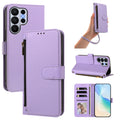 Pastel light purple leather wallet case for Samsung Galaxy Ultra shown from 5 angles including camera lens cutout, wristlet strap carry, horizontal kickstand mode, and interior wallet layout with card slots and photo window.