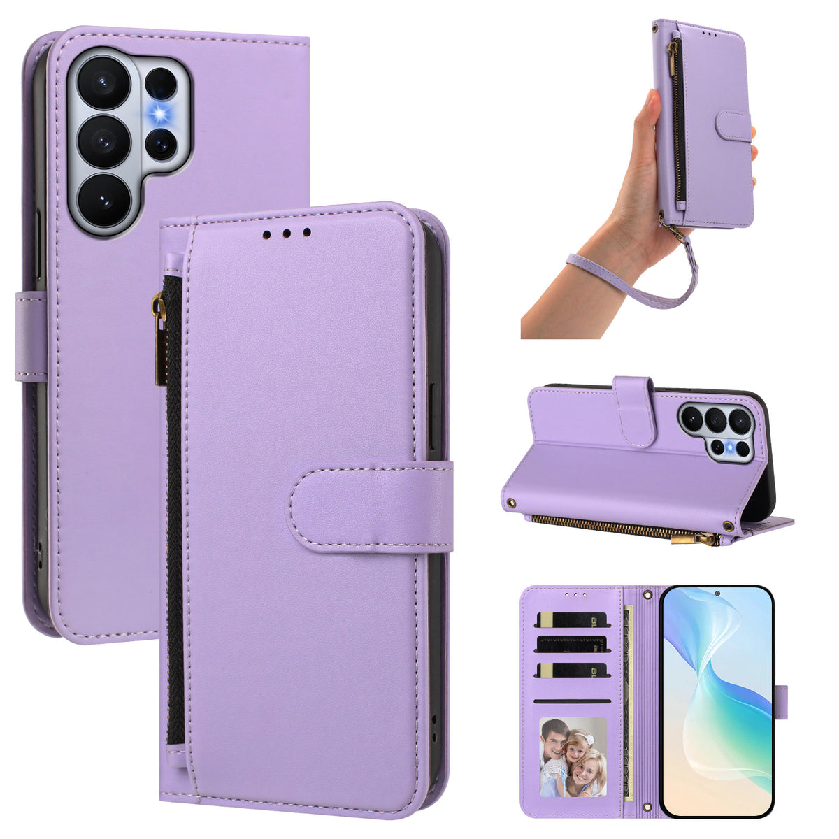 Pastel light purple leather wallet case for Samsung Galaxy Ultra shown from 5 angles including camera lens cutout, wristlet strap carry, horizontal kickstand mode, and interior wallet layout with card slots and photo window.