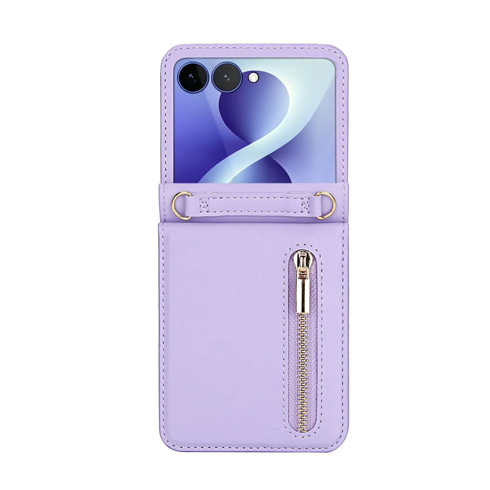 Pastel purple leather wallet case for Samsung Galaxy Z Flip with front vertical zipper pocket and strap loops.⁠