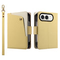 Pastel yellow dual-tone leather wallet case for iPhone DUO showing the cream contrast outer snap pocket, back camera protection frame, and wrist lanyard.