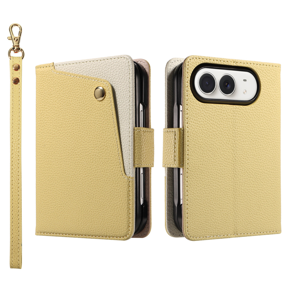 Pastel yellow dual-tone leather wallet case for iPhone DUO showing the cream contrast outer snap pocket, back camera protection frame, and wrist lanyard.