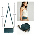 Peacock dark green Motorola Moto G Power 5G crossbody leather phone case showing 76cm to 142cm adjustable lanyard strap dimensions and model wearing case